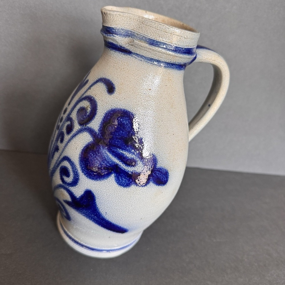 Vintage Westerwald German Gray & Hand Painted Cobalt Blue ~ Salt Glazed Pitcher
